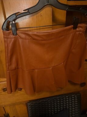 Faux Leather Ruffle-Hem Mini Skirt - Tan